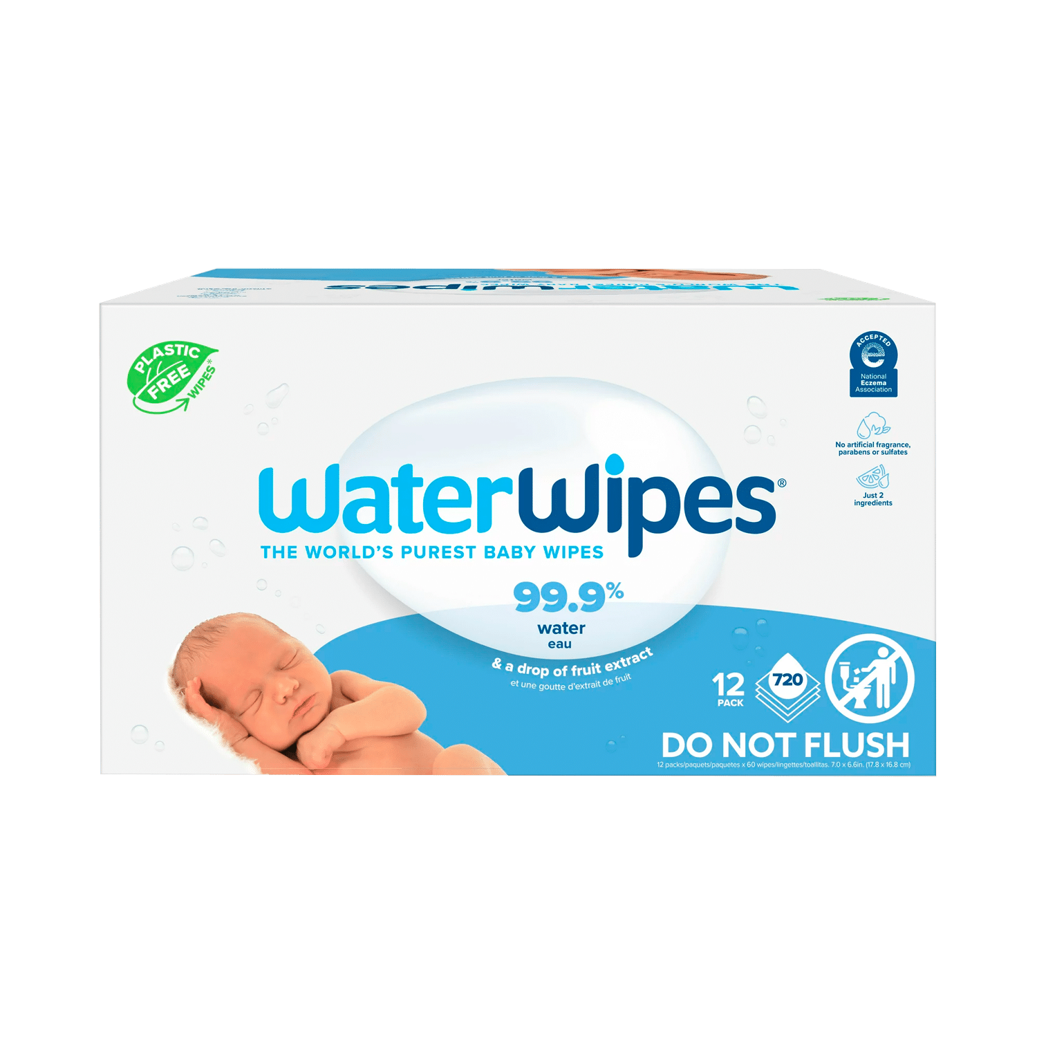 WaterWipes Plastic-Free Original Baby Wipes, 99.9% Water Based Wipes, Unscented & Hypoallergenic for Sensitive Skin, 720 Count (12 Packs)